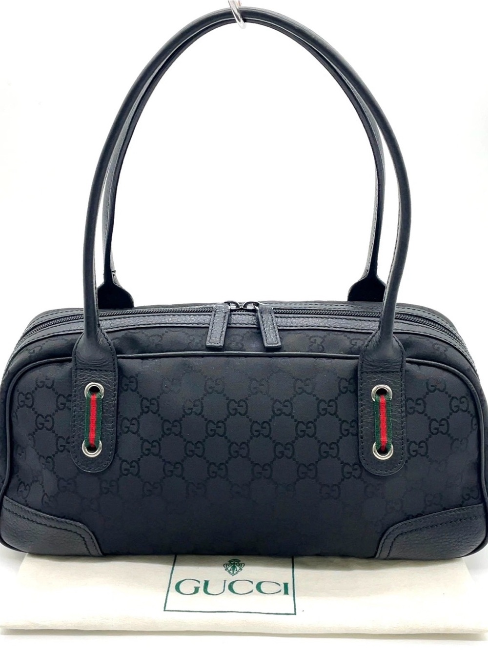 Gucci GG Nylon Leather Sherry Line Black 293594 486628 Shoulder Bag w/ dustbag